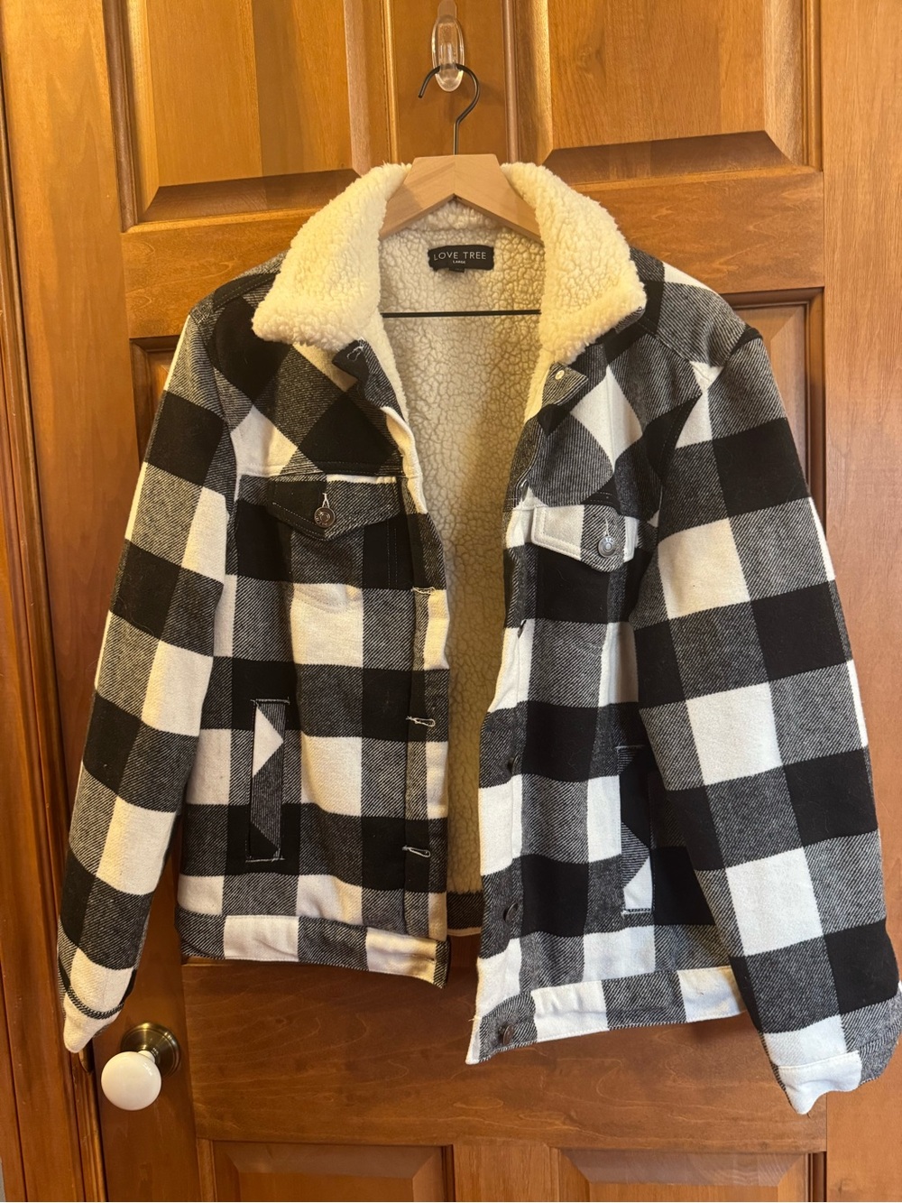 Love Tree Black & White Buffalo Plaid Sherpa Jacket